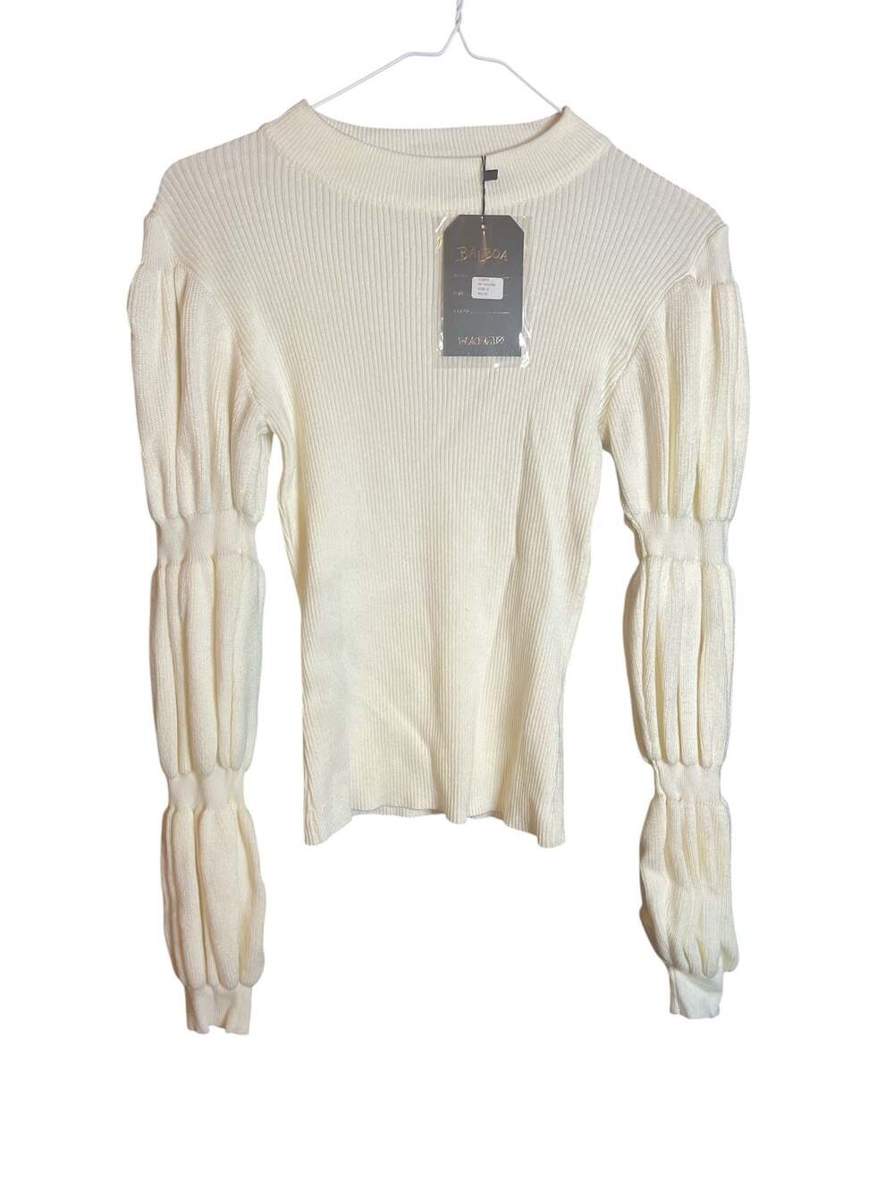 NWT Balboa Fashion Aimee White Ribbed Knit Puff Balloon Sleeve Mock Neck Sweater